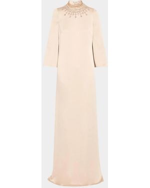 Teri Jon Embellished Collar Satin Gown - Natural