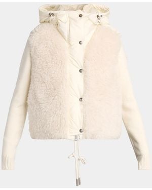 Moncler Wool And Cashmere Blend Padded Zip-Up Cardigan With Faux Fur - Natural