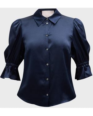 Cinq À Sept Fiona Silk Satin Short-Sleeve Top - Blue