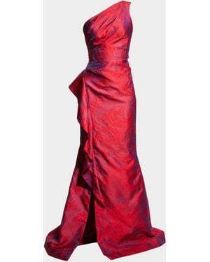 Teri Jon One-Shoulder Side-Ruffle Gown - Red