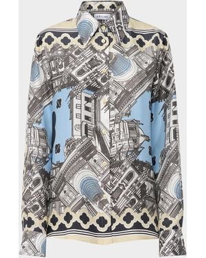 Callas Milano Brooks Scarf-Print Silk Twill Shirt - Gray