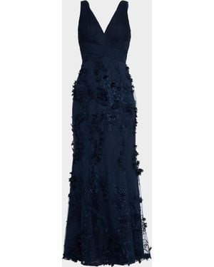 Aidan Mattox Embroidered Floral Applique Gown - Blue