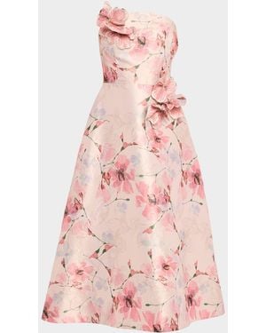 Teri Jon Strapless Floral-Print Gazar Midi Dress - Pink