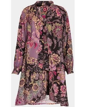 Johnny Was Magaly Tie-Neck Floral Silk Mini Dress - Red