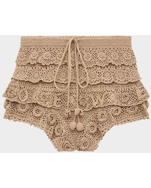 Loewe X Paula & Apos;S Ibiza Tiered Ruffle Crochet Pull-On Shorts - Natural