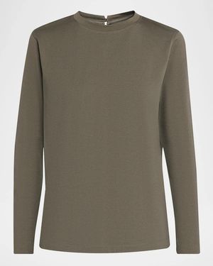 Brunello Cucinelli Long-Sleeve Monili Crewneck Cotton T-Shirt - Green