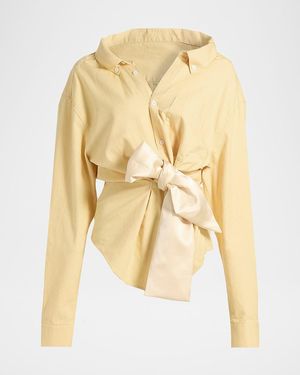 Area Satin Knot Oxford Button-Down Shirt - Yellow