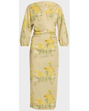 BERNADETTE Ezra Floral Ruched Cotton 3/4-Sleeve Midi Dress - Metallic