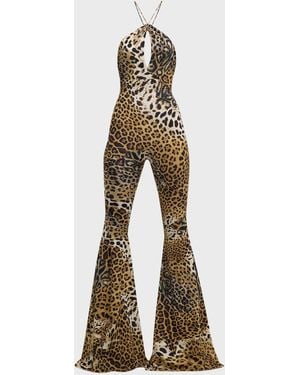 Roberto Cavalli Leopard-Print Halter Flared Jumpsuit - Metallic