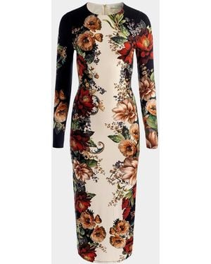 Alice + Olivia Delora Colorblocked Floral Sheath Midi Dress - Natural