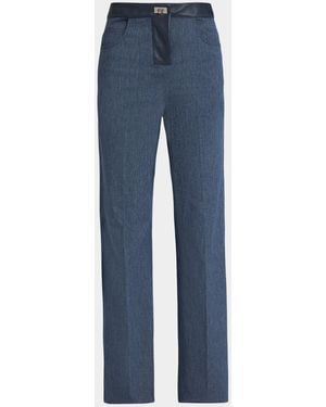 Ferragamo Leather-Trim Straight-Leg Denim Jeans - Blue