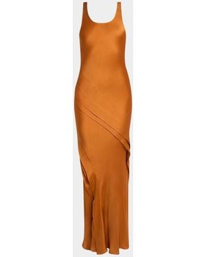 Saint Laurent Sleeveless Draped Silk Tank Dress - Orange
