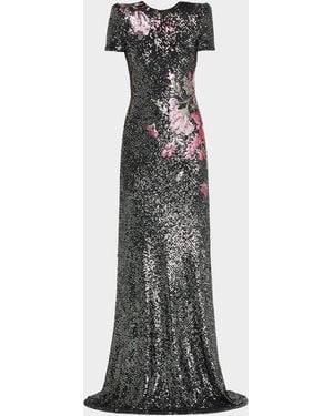 Naeem Khan Floral Applique Stretch Sequin Cap-Sleeve Gown - White