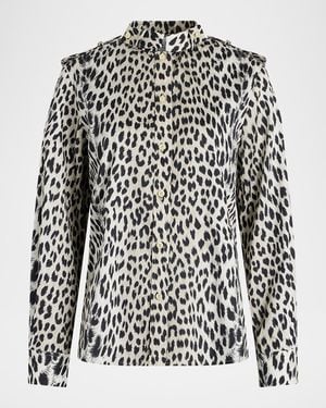 Callas Milano Mika Band-Collar Cheetah-Print Shirt - White