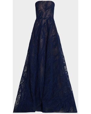 Naeem Khan Strapless Light Velvet Embroidered A-Line Gown - Blue