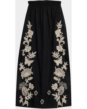 Johnny Was Orla Floral-Embroidered Linen Maxi Skirt - Black