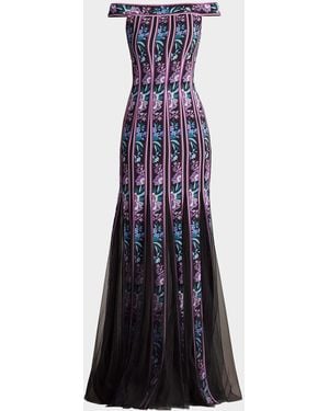 Tadashi Shoji Off-Shoulder Godet Gown - Blue