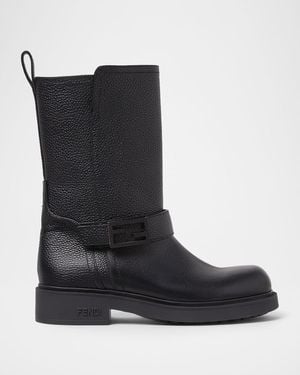 Fendi Filo Pebbled Vitello Leather Biker Boots - Black