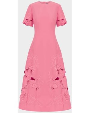 LEO LIN Caroline Floral Embroidered Short-Sleeve Midi Dress - Pink