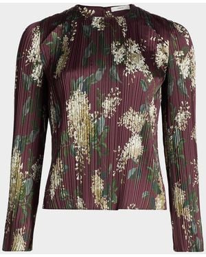 Vince Floral Micro-Pleated Crewneck Top - Black