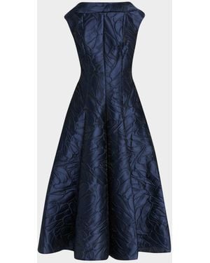 Talbot Runhof Cap-Sleeve Abstract-Jacquard Midi Dress - Blue