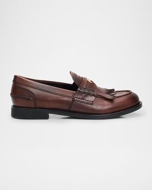 Miu Miu Fringed Leather Penny Loafers - Brown