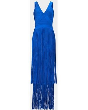 Hervé Léger The Brigitte Bandage Tiered Fringe Gown - Blue