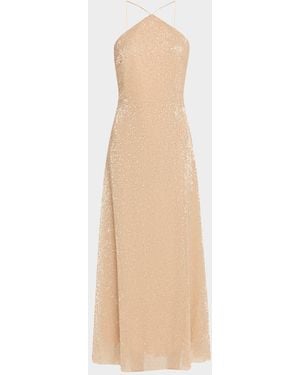 Halston Denise Sleeveless Sequin Halter Midi Dress - Natural