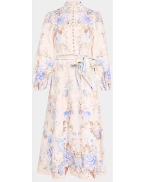Zimmermann Clash Button Floral Linen Midi Dress - White