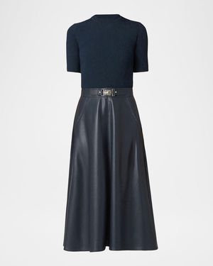 Shoshanna Angela Rib Knit & Faux Leather Midi Dress - Blue