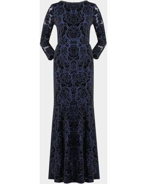 Shoshanna Brianna Floral Velvet Lace Mermaid Gown - Blue
