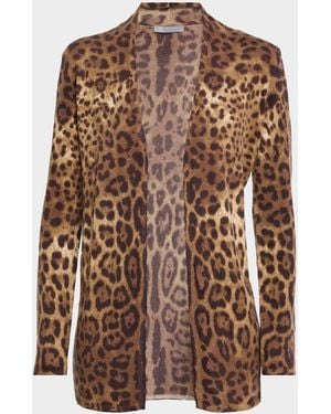 Neiman Marcus Cashmere Open Animal-Print Cardigan - Brown