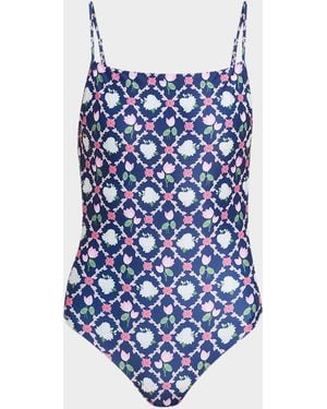 VERANDAH Floral Square-Neck One-Piece Swimsuit - Blue