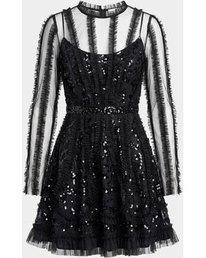 Mac Duggal Mesh Lace Ruffled Mini Dress - Black