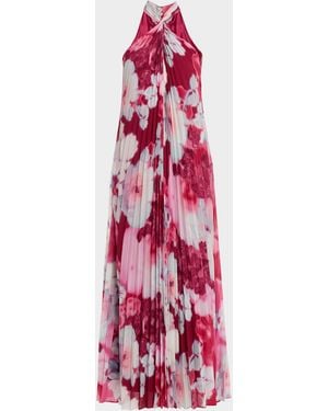 Emanuel Ungaro Ira Pleated Floral-Print Halter Gown - Red