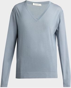 The Row Naius Long-Sleeve V-Neck Wool Top - Blue