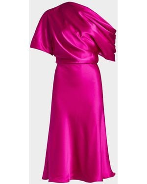 Amsale Draped Satin One-Shoulder Midi Dress - Pink