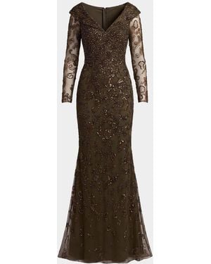 Mac Duggal Beaded Lace Long Sleeve Gown - Brown