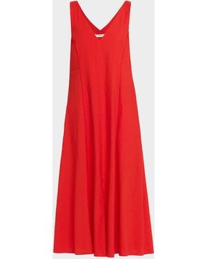 Vince V-Neck Linen Midi Dress - Red