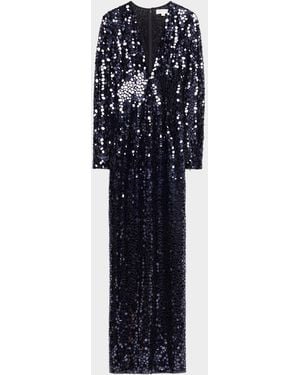 Michael Kors Deep V-Neck Mirror Column Gown - Blue