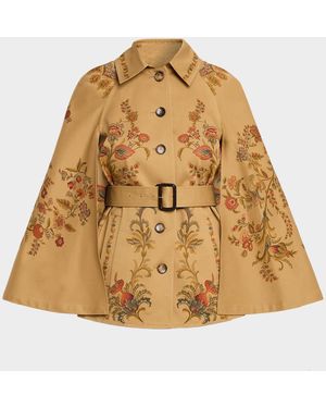 Etro Floral Cotton Twill Belted Cape Trench Coat - Natural