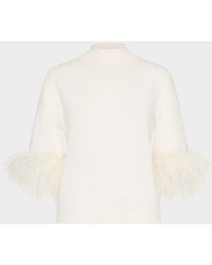 MILLY Mock-Neck Feather Cuff Sweater - White