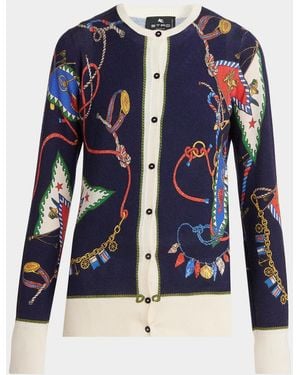 Etro Nautical Print Silk-Cashmere Crewneck Cardigan - Blue
