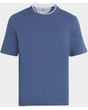 Brunello Cucinelli Cotton Jersey Crewneck T-Shirt With Tipping - Blue