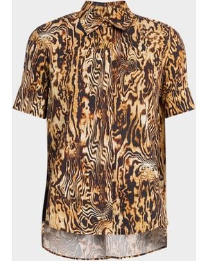 Adam Lippes Charlie Animal-Print Short-Sleeve Button-Down Top - Multicolor