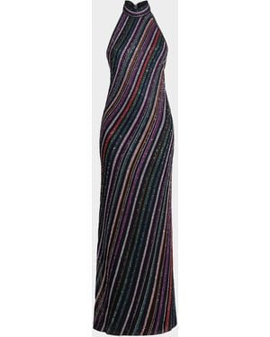 Missoni Metallic Striped Knit Open-Back Gown - Blue