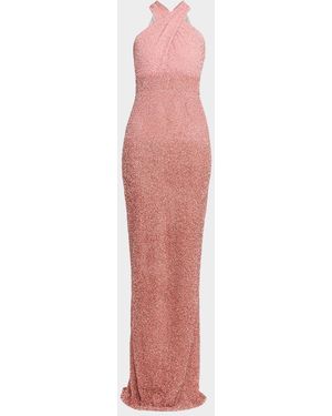 Pamella Roland Sequined Crisscross Halter Gown - Pink