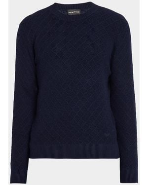 Emporio Armani Apos;S Wool-Cashmere Diamond Grid Crewneck Sweater - Blue