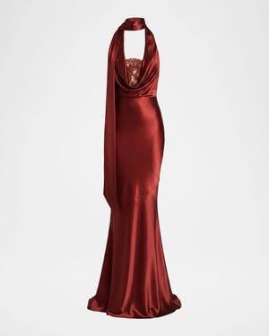 retroféte Melly Satin Lace-Trim Scarf Gown - Red