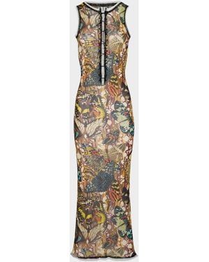 Jean Paul Gaultier Re-Edition Butterfly-Print Mesh Lace-Up Maxi Dress - Metallic